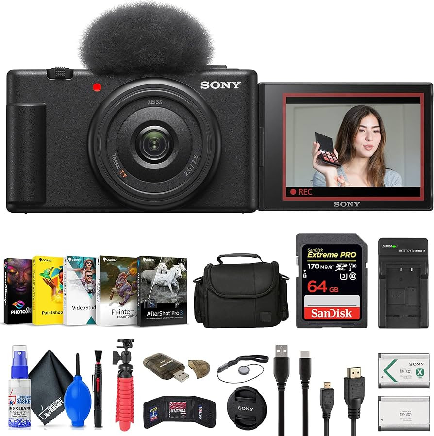 Sony ZV-1F Vlogging Camera (Black) (ZV1F/B) + Case + 64GB Card + NP-BX1 Battery + Photo Software ... | Amazon (US)