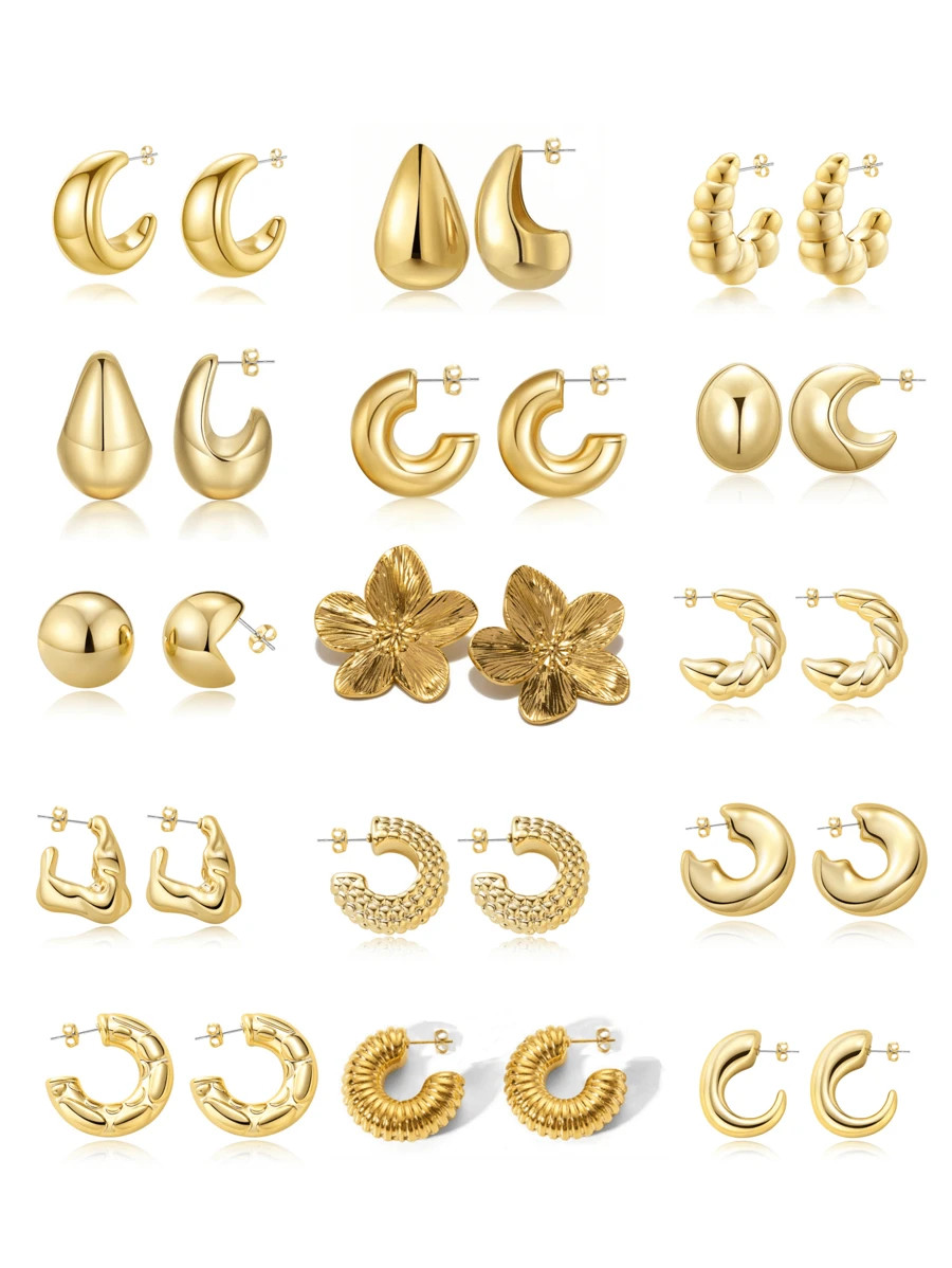 6 Pairs Assorted Gold-Color Women Earrings, Moon, Teardrop, Flower, Clover, Gift Idea Valentines | SHEIN