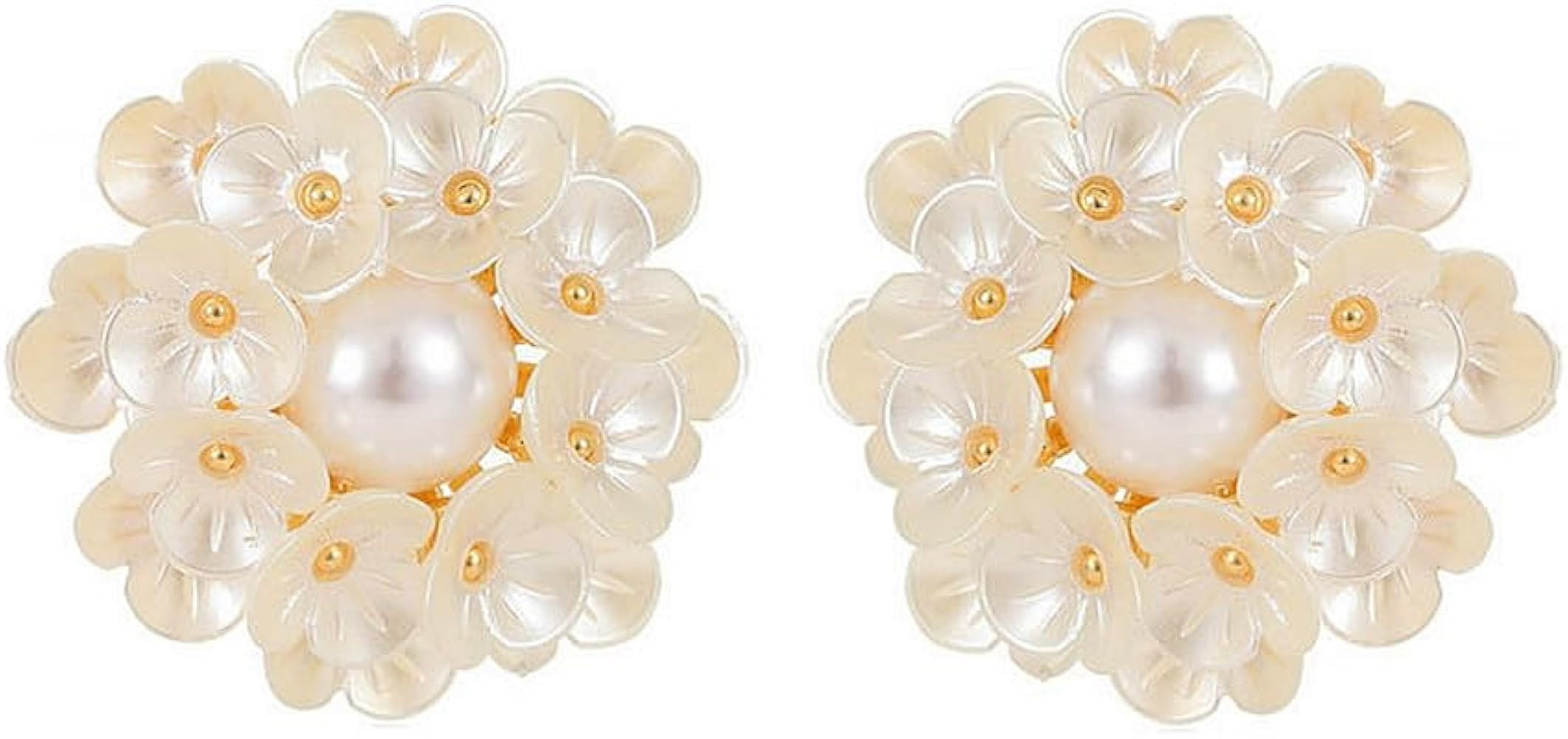 Round Flower Shell Pearl Stud Earrings for Women Girls 925 Sterling Silver Post Pin 14K Gold Plat... | Amazon (US)