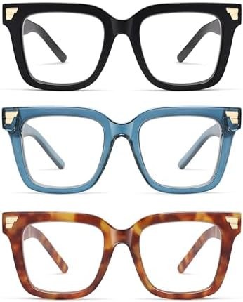 AMOMOMA 3 Pack Retro Oversized Square Reading Glasses for Women Trendy Chunky Blue Light Blocking... | Amazon (US)