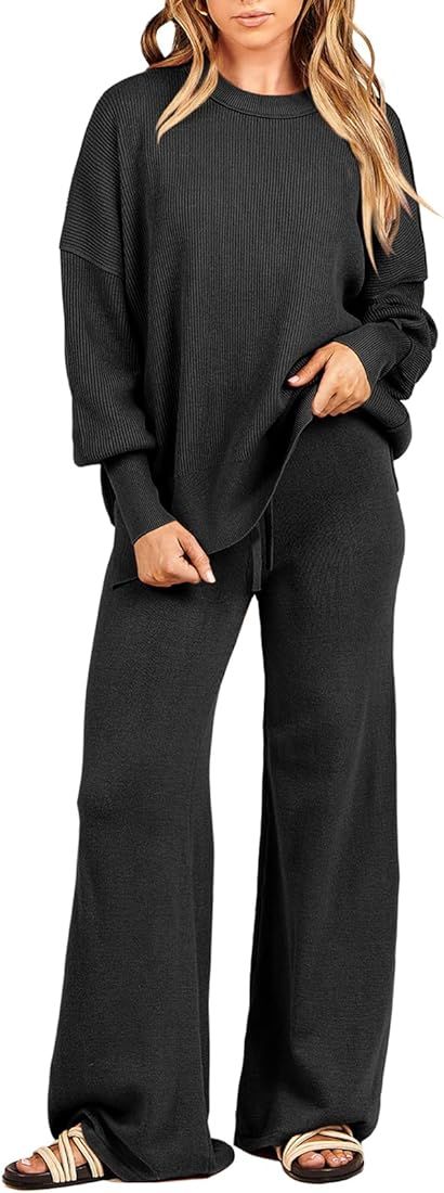 ANRABESS Women 2 Piece Outfits Sweatsuit Oversized Sweater Set & Wide Leg Pants Fall Chunky Loung... | Amazon (US)