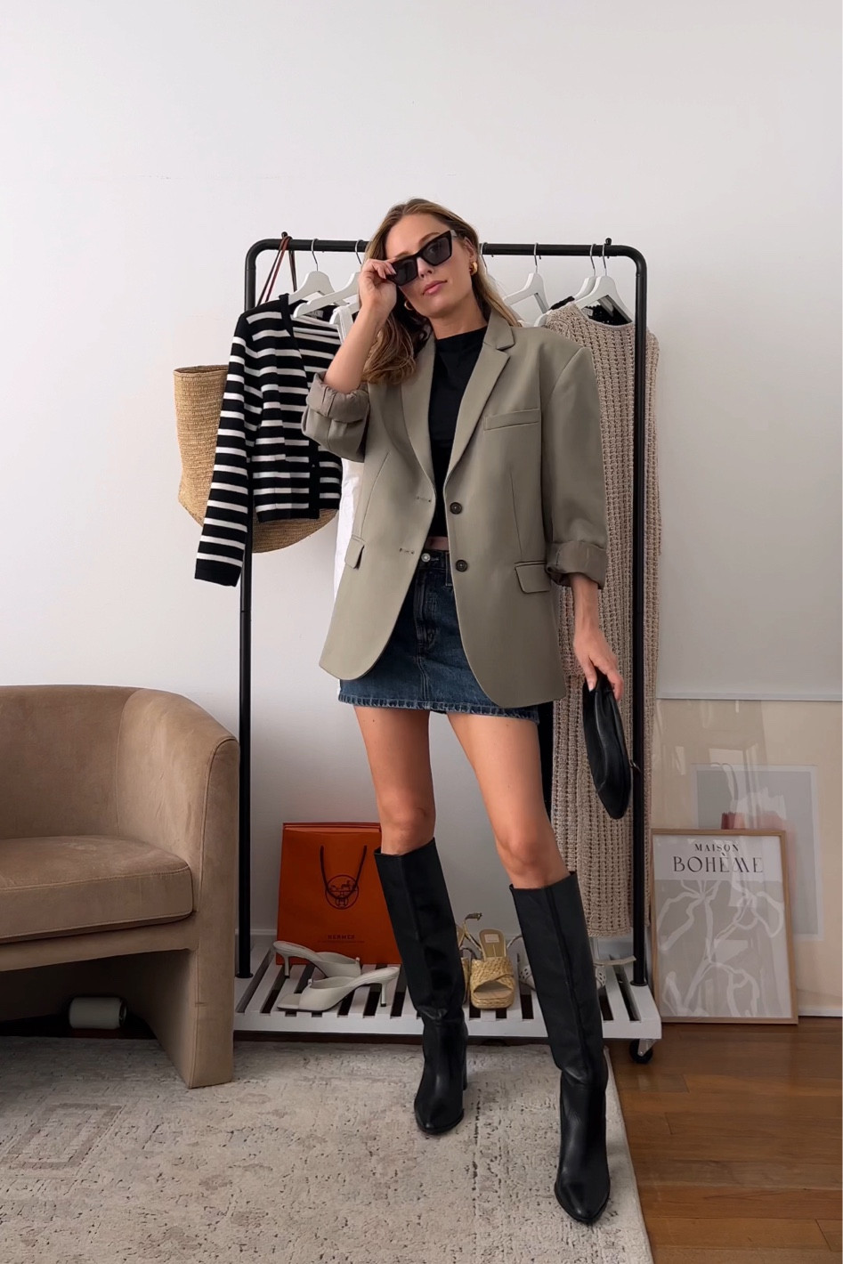 Denim skirt and knee high boots outfit #1 