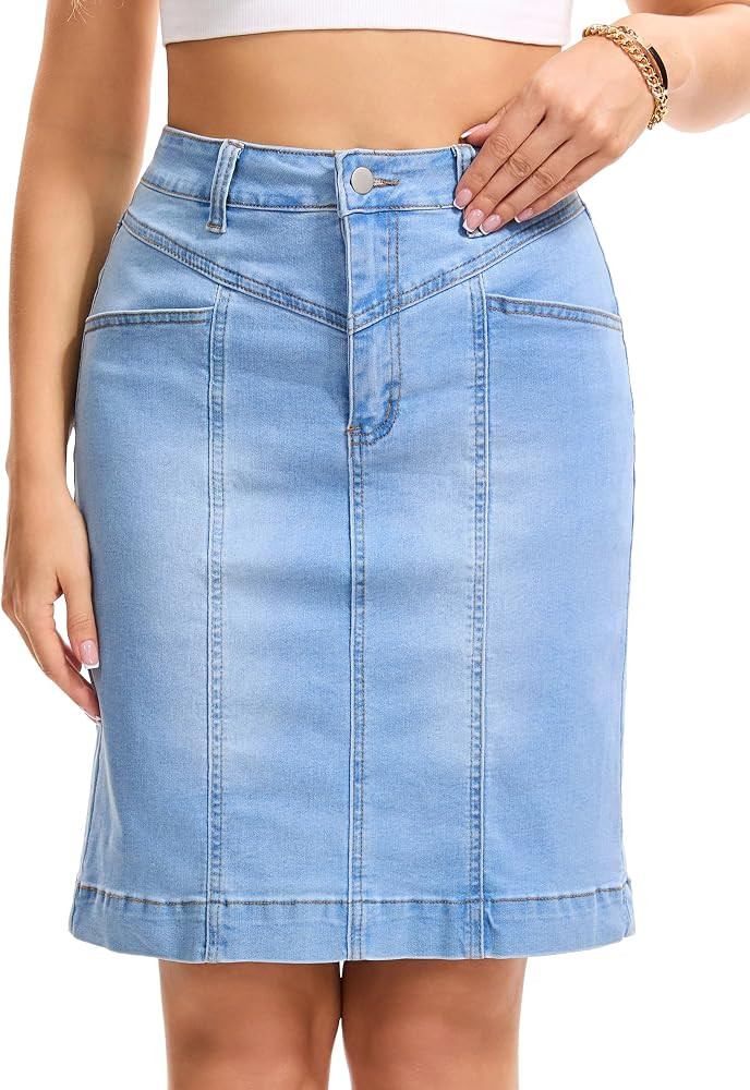 Women's Denim Skirt Knee Length Stretchy     High Waisted, H Line, Denim Washed, Stretch, Pockets... | Amazon (US)