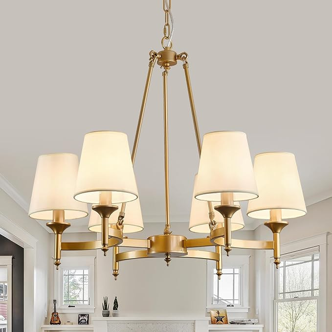 Gold Wagon Wheel Chandelier with White Linen Shade 6-Light Industrial Ceiling Light Fixture 26.8i... | Amazon (US)
