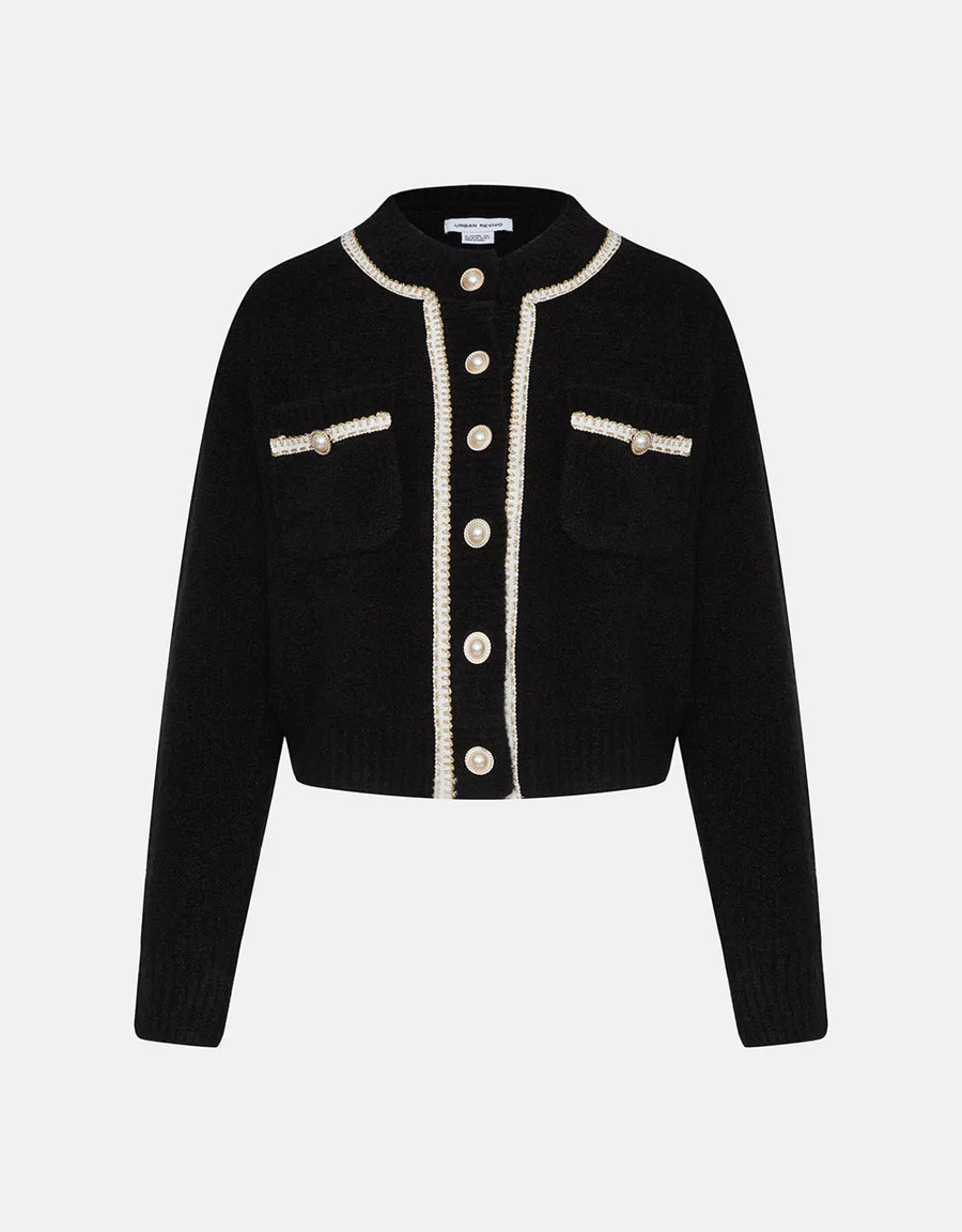 Contrast Trim Faux Pearl Button Green Cardigan | Urban Revivo