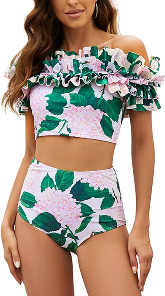 FLAXMAKER Bandeau Ruffle Floral Print Bikini Swimsuit and Skir | Amazon (US)