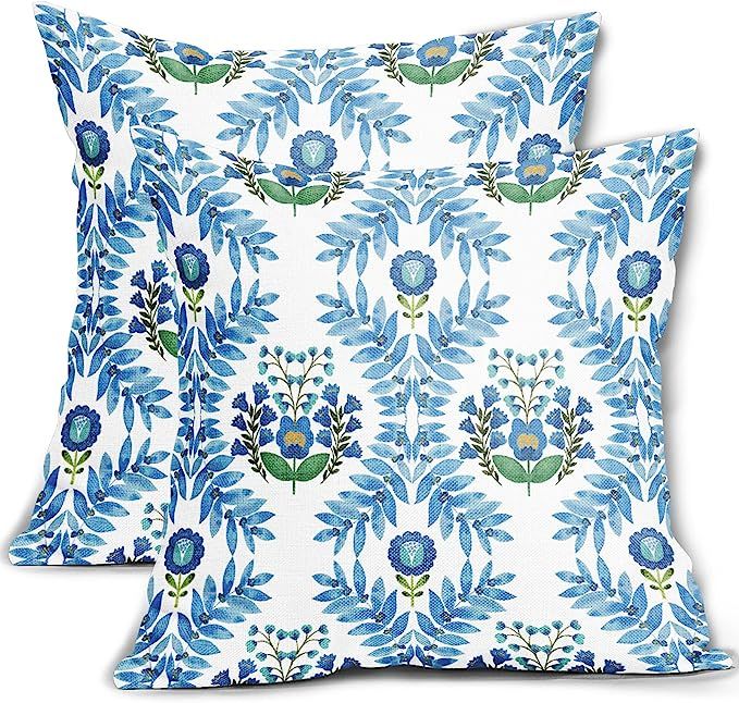 Chinoiserie Pillow Covers 18x18 Inch Set of 2 Watercolor Blue Floral Leaves Decorative Throw Pill... | Amazon (US)