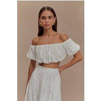 Autumn Off Shoulder Broderie Top - White I MESHKI I Size XXS | MESHKI US