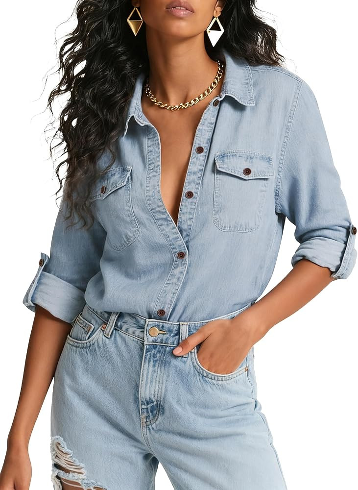 Denim Shirts Women Chambray Blouse Long Sleeve Button Down Jean Shirt Lightweight Blouses Western... | Amazon (US)