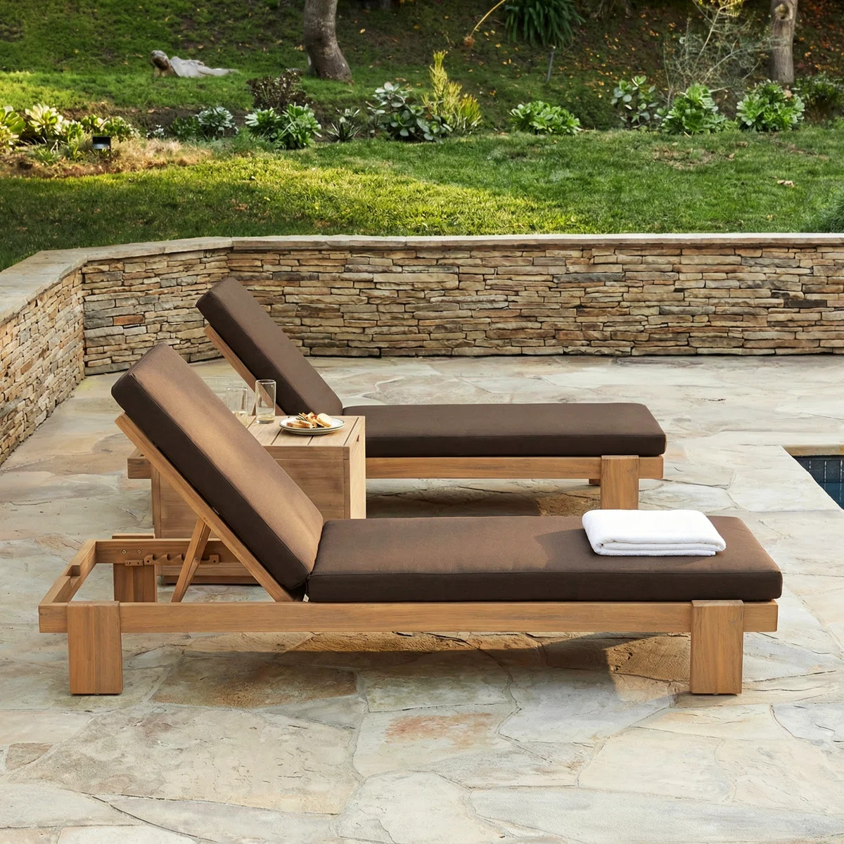Alfred Outdoor Acacia Wood Chaise Lounge Chair With Adjustable Backrest And Cushion | Wayfair North America