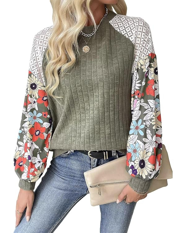 SKVON Floral Tops for Women Patchwork Long Sleeve Ribbed Blouses Crewneck Striped Crochet Print S... | Amazon (US)