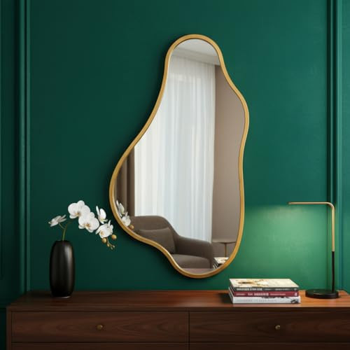 ZIYOO 32x18 Inch Irregular Wall Mirror, Vertical Wavy Design, Gold Asymmetrical Metal Frame Decorative Mirror for Living Room, Bedroom, Entryway, Hallway (Gold Metal,32" x 18") | Amazon (US)