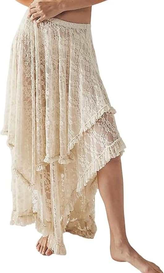 Yimoon Women's Floral Lace Long Skirts Elastic Asymmetrical Layered See-Through Maxi Skirts Sexy ... | Amazon (US)