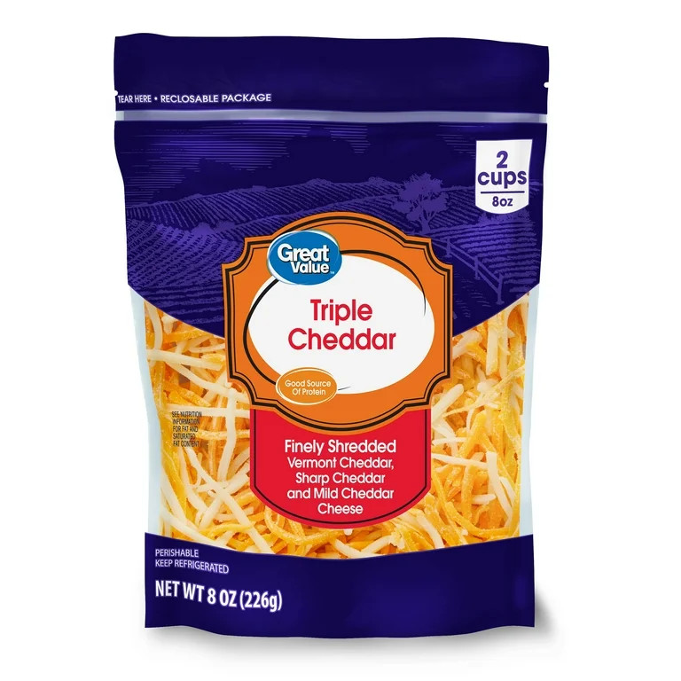Great Value Triple Cheddar Finely Shredded Cheese, 8 oz Bag | Walmart (US)
