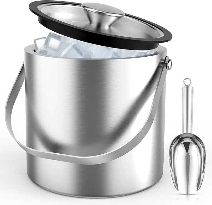 3L Stainless Steel Ice Bucket, Double Wall Insulated Ice Bucket with Lid, Drain Plate, Scoop, Ton... | Amazon (US)