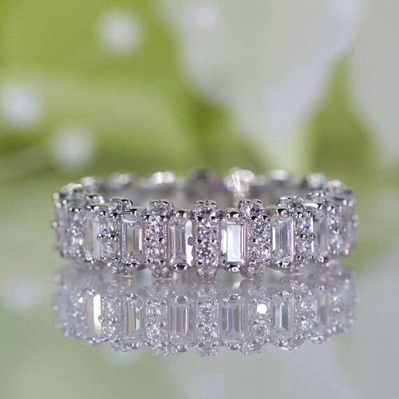 Elegant Emerald And Round Eternity Band Fine Quality Cubic Zirconia In Sterling Silver, Wedding R... | Etsy (US)