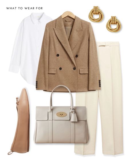 Office outfit inspo 

Beige blazer, white shirt, camel ballet flats, cream mulberry bag, gold earrings, anine bing, & other stories, mango 

#LTKSeasonal #LTKworkwear #LTKstyletip