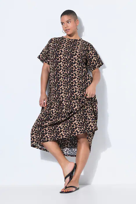 Leopard Print Flounce Panel Dress, dark sand | Ulla Popken | Ulla Popken - US