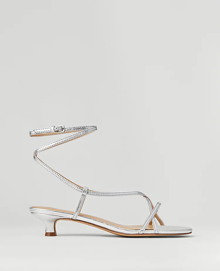 Metallic Strappy Ankle Wrap Kitten Heel Sandals | Ann Taylor