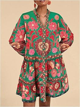 Women's Floral Print Summer Short Dresses Boho Beach Long Sleeve Button Down Flowy Smock Dress | Amazon (US)