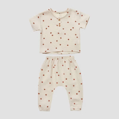 Q by Quincy Mae Baby 2pc Apples Gauze Short Sleeve Top & Bottom Set - Off-White | Target