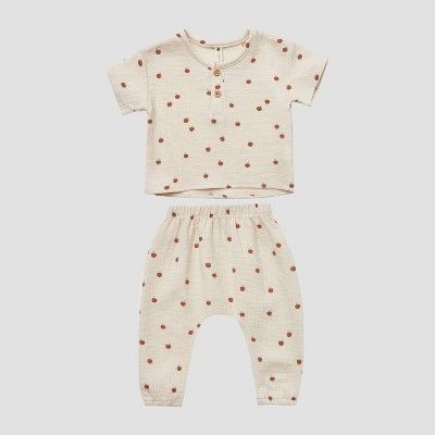 Q by Quincy Mae Baby 2pc Apples Gauze Short Sleeve Top & Bottom Set - Off-White | Target