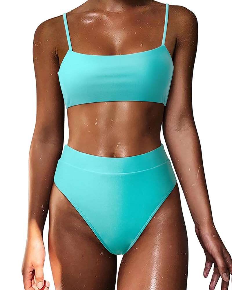 MOSHENGQI Women High Wasited Bikini Shoulder Strap 2 Piece High Cut String Swimsuits | Amazon (US)