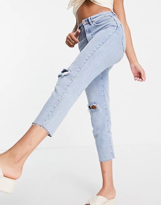 Stradivarius organic cotton slim mom jean with stretch and rip in light blue | ASOS (Global)