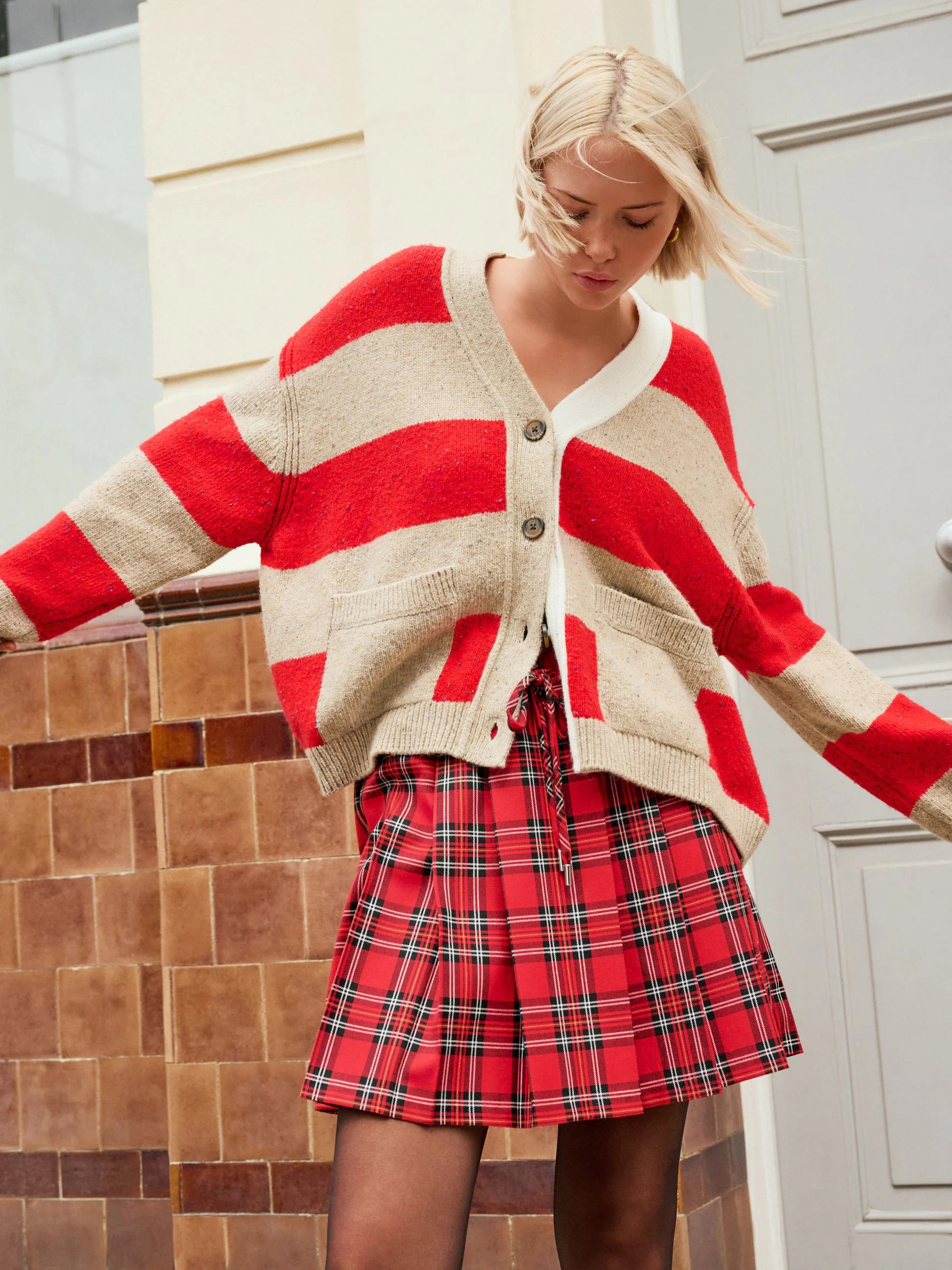 Buy Camel/Red Stripe Cotton And Wool Blend Neppy V-Neck Pocket Cardigan from Next Ireland | Next EU