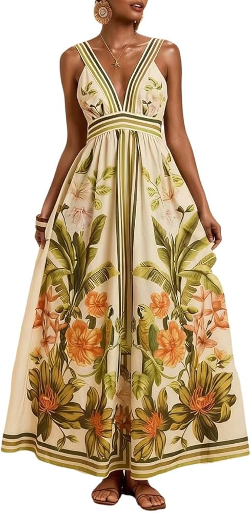Womens Boho Print Dress Sleeveless Backless Halter High Waist A Line Beach Vacation Long Dress | Amazon (US)