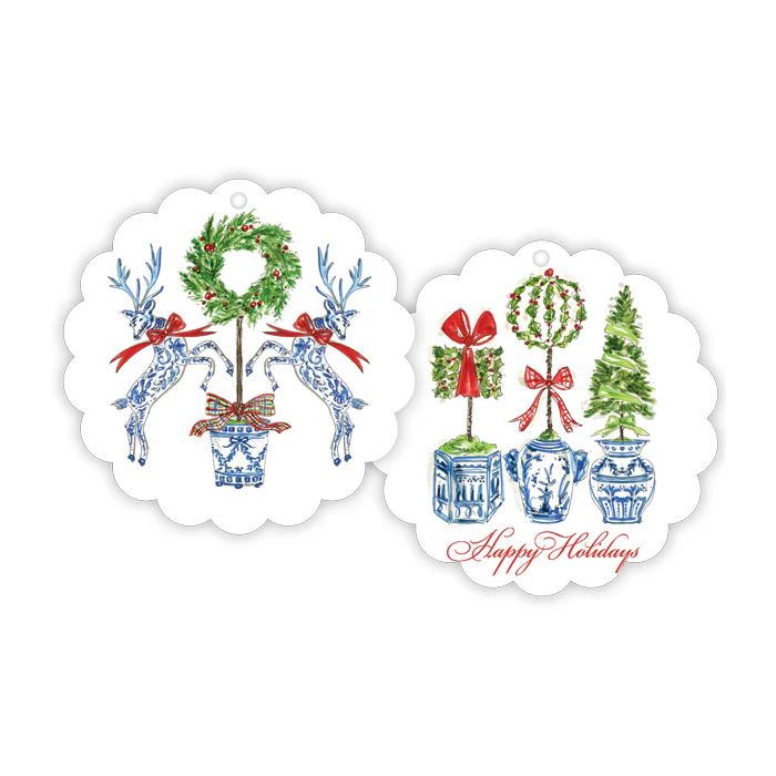 Holiday Reindeer With Topiary Wreath Scalloped Gift Tags | Rosanne Beck Collections