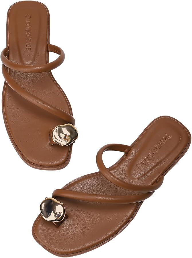 Women's Toe Ring Thong Sandals Open Toe Slide Flat Sandals Flip Flop | Amazon (US)