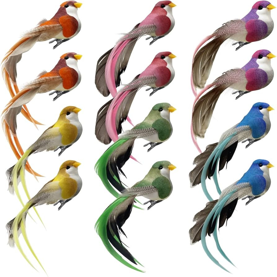 LWINGFLYER 12pcs Clip on Artificial Simulation Foam Birds Feather Long Tail Feather Fake Birds fo... | Amazon (US)