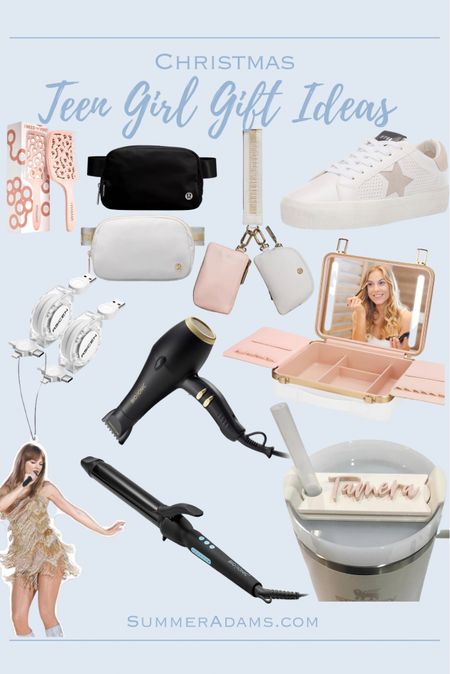 Such a FUN collection of teen girl gift ideas! My daughter loves her Taylor Swift pack of car air fresheners and this new extended curling iron is the BOMB. Such a hot item right now and the hair dryer is also really good! The makeup case might be my fave but I also love the other travel items, brush, Lululemon keychain/wallet combo. And how cute are these sneakers? Every girl needs a name plate for her Stanley cup so don’t forget that either.  😘 

#LTKfindsunder50 #LTKGiftGuide #LTKitbag