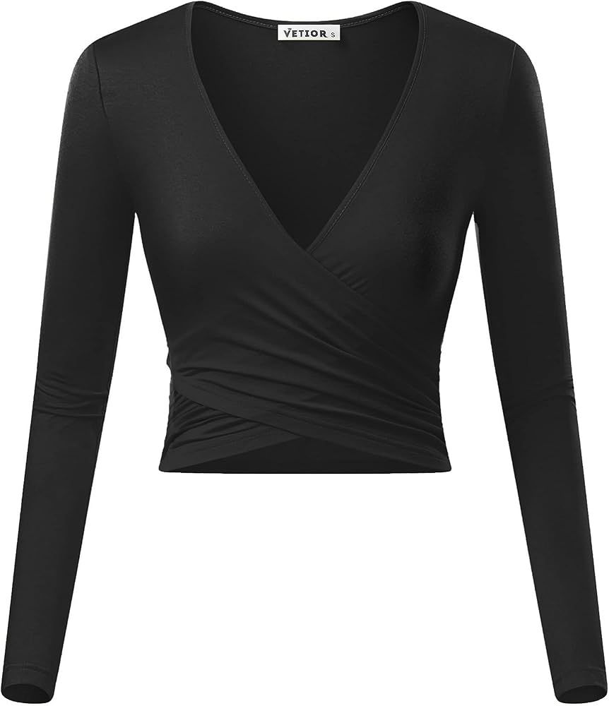 VETIOR Women's Deep V Neck Long Sleeve Unique Slim Fit Cross Wrap Shirts Crop Tops | Amazon (US)