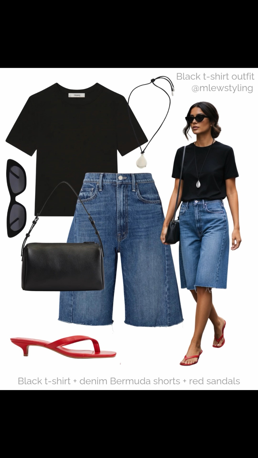 Black t-shirt + denim Bermuda shorts + red sandals 〰️

Tags: elevated summer outfit, black leather bag, kitten heel thong sandals, black sunglasses, pendant necklace, mother denim jean shorts, outfit formula, capsule wardrobe

#LTKsummer #LTKshoes #LTKstyletip