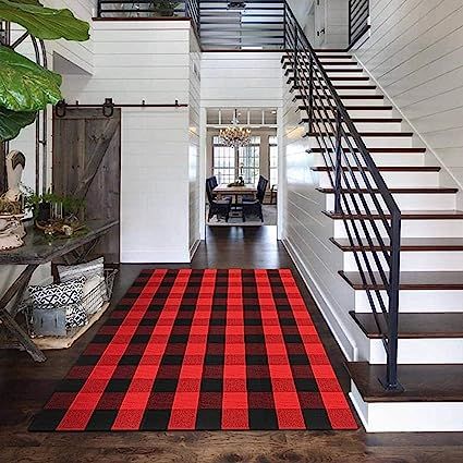 EARTHALL Buffalo Plaid Outdoor Rug Red 4'x 6', Cotton Hand-Woven Checkered Door Mat, Reversible F... | Amazon (US)