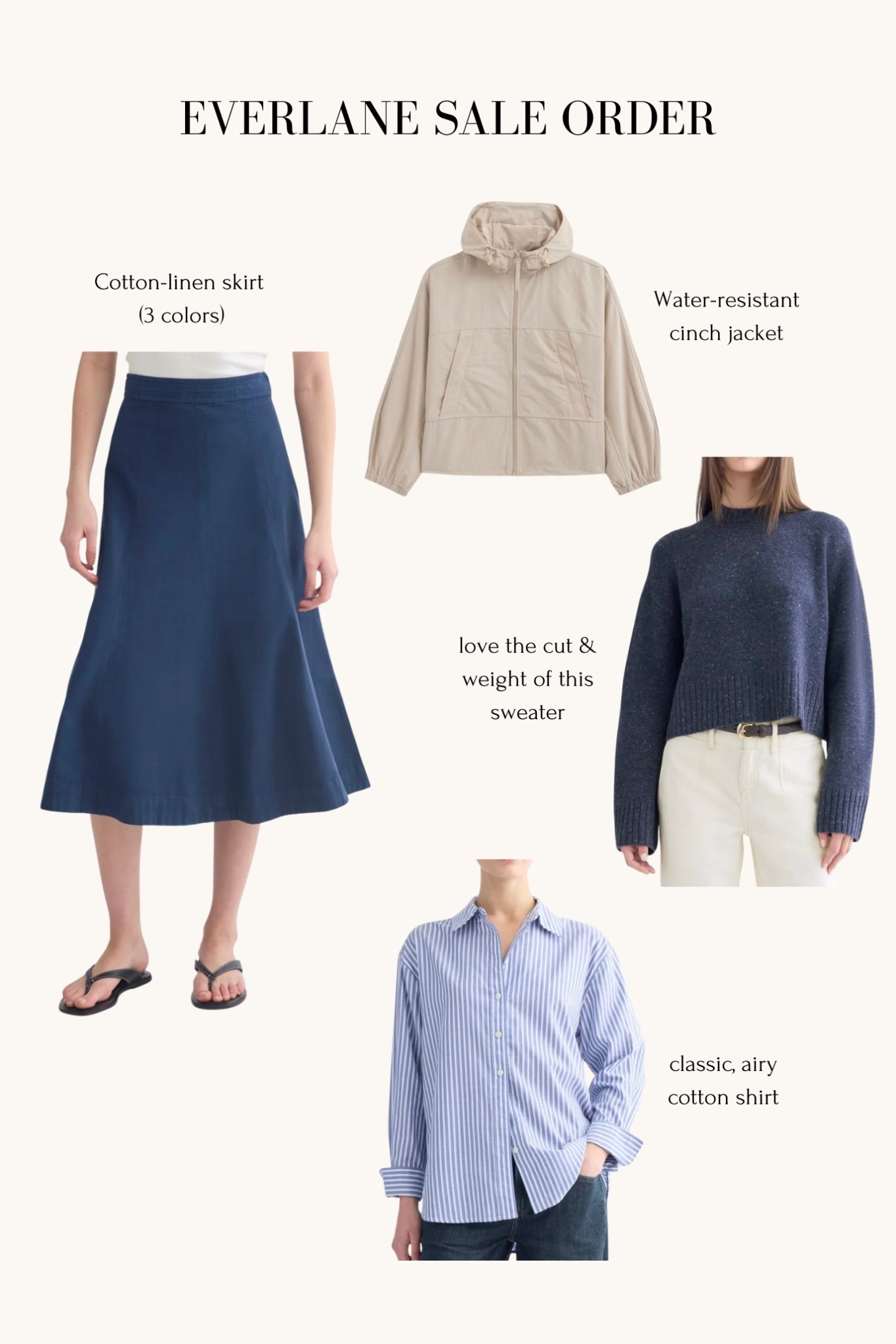 Everlane sale on some of my wishlist items + tried and true pieces I own

- just ordered this cotton linen skirt that looks like such a flattering shape. Length measurement seems promising for petites as a longer midi!

- have not yet tried the parachute jacket but looks chic

- airy cotton shirt in 00 is another wardrobe staple of mine in both stripes and white

- boxy cut sweater in merino wool is an everlane classic, i take XXS

petite friendly spring staples, workwear , office style




 

 #LTKSaleAlert #LTKWorkwear