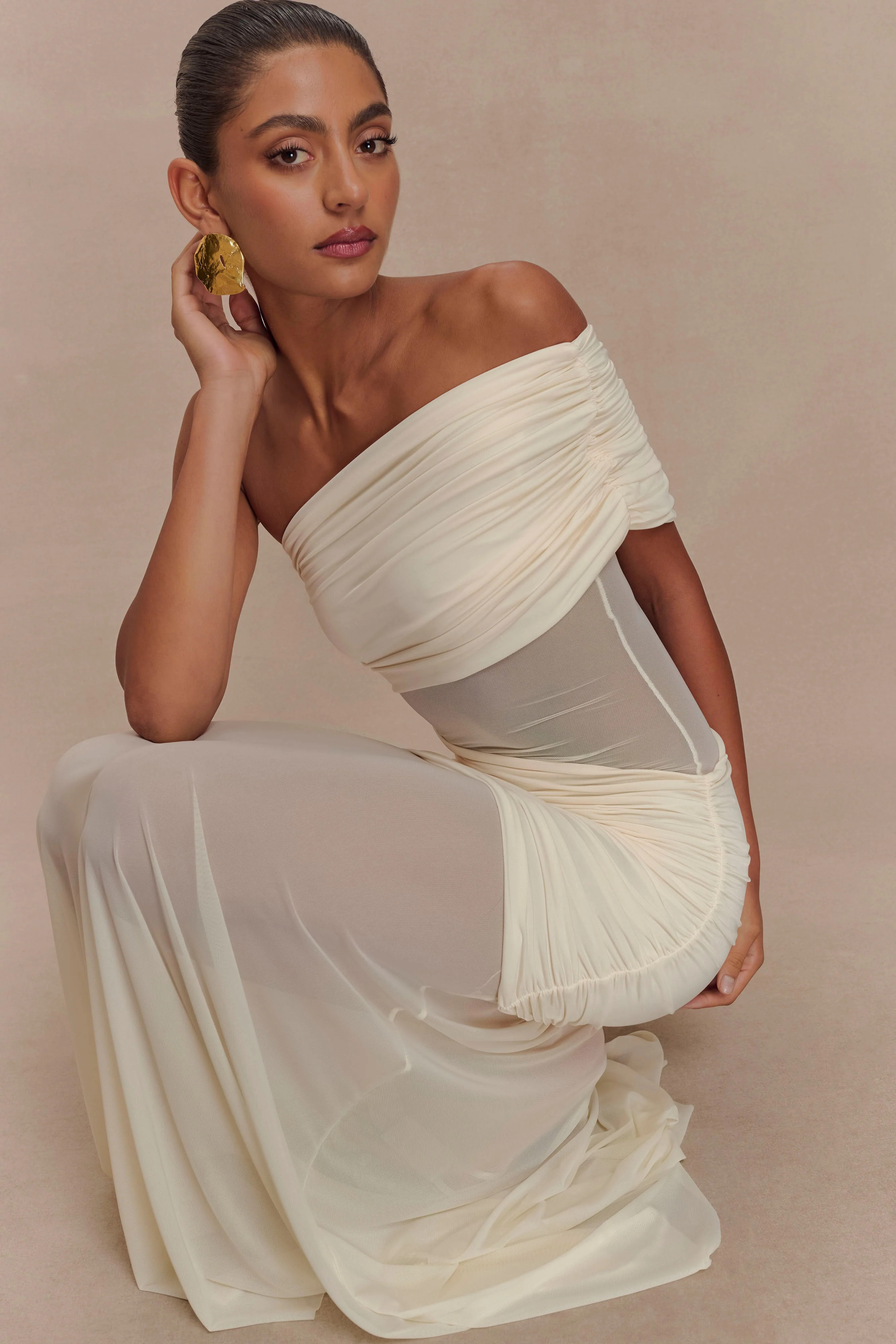 Dallas One Shoulder Mesh Maxi Dress - Ivory | Meshki UK