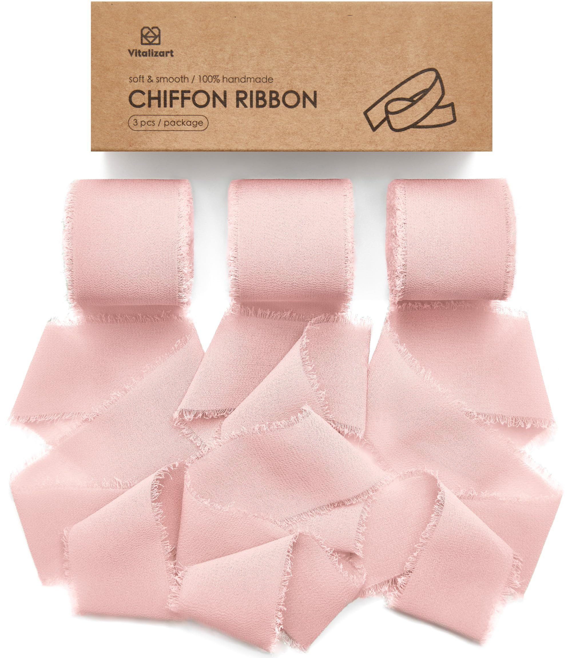 Vitalizart Blush Pink Handmade Chiffon Silk Ribbon Fringe 3 Rolls 1.5" x 21 Yd Frayed Edges Ribbo... | Amazon (US)
