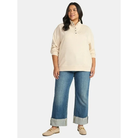 Time and Tru Women's Fashion Terry Snap Sweatshirt, Sizes XS-XXXL | Walmart (US)