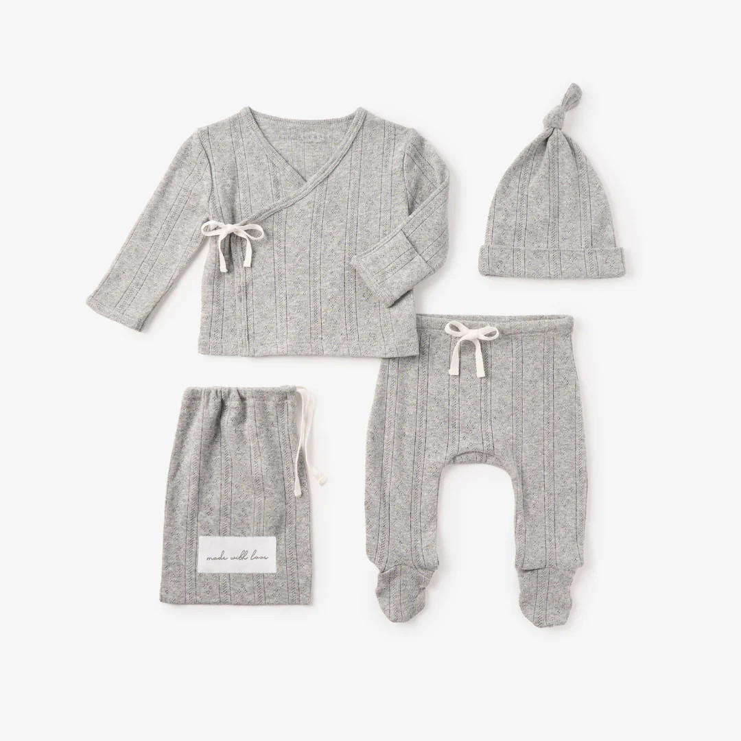 Gray Organic Cotton Pointelle Layette 3 Pc Gift Set | Elegant Baby