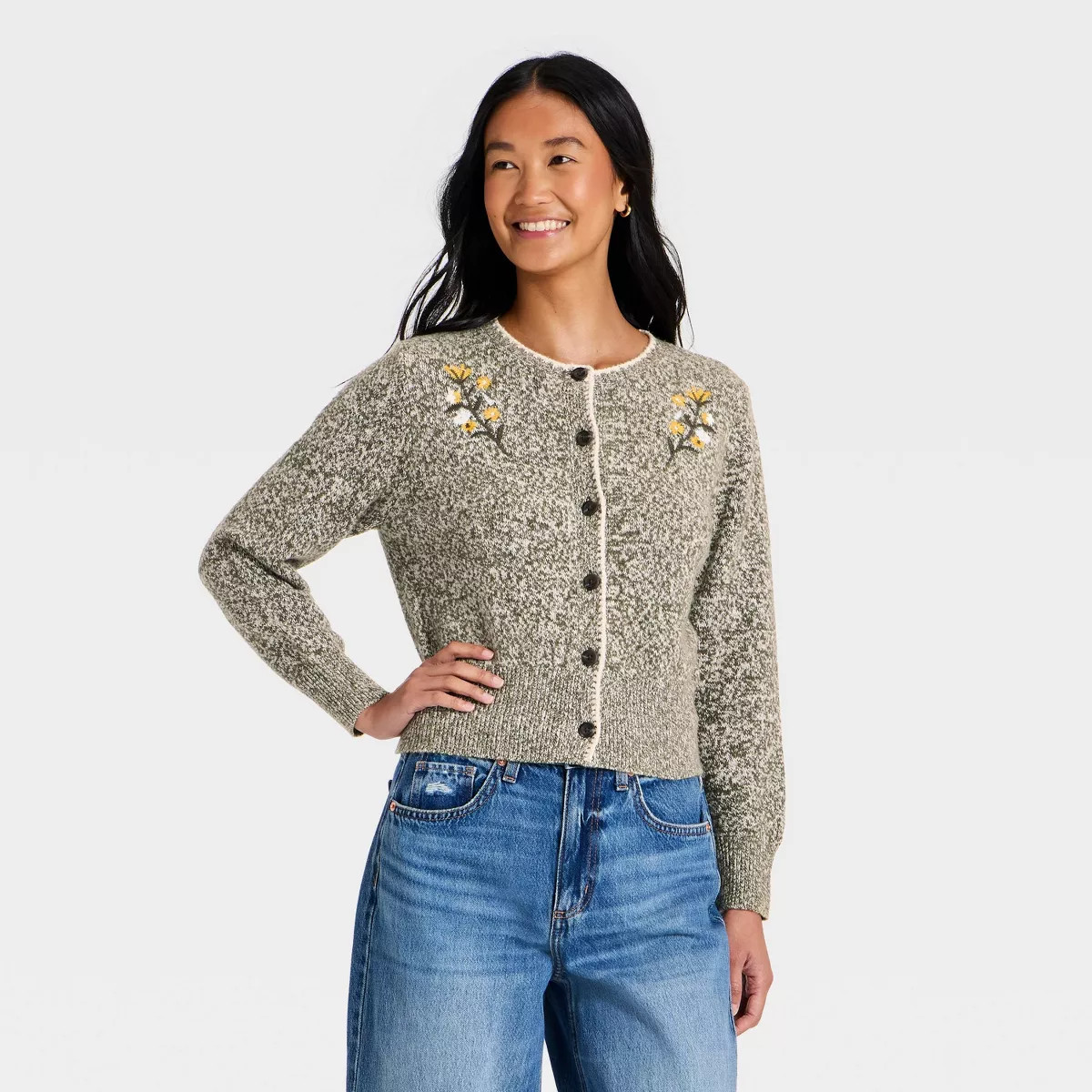 Women's Long Sleeve Crafted Crewneck Cardigan - Universal Thread\u2122 Olive Green M | Target