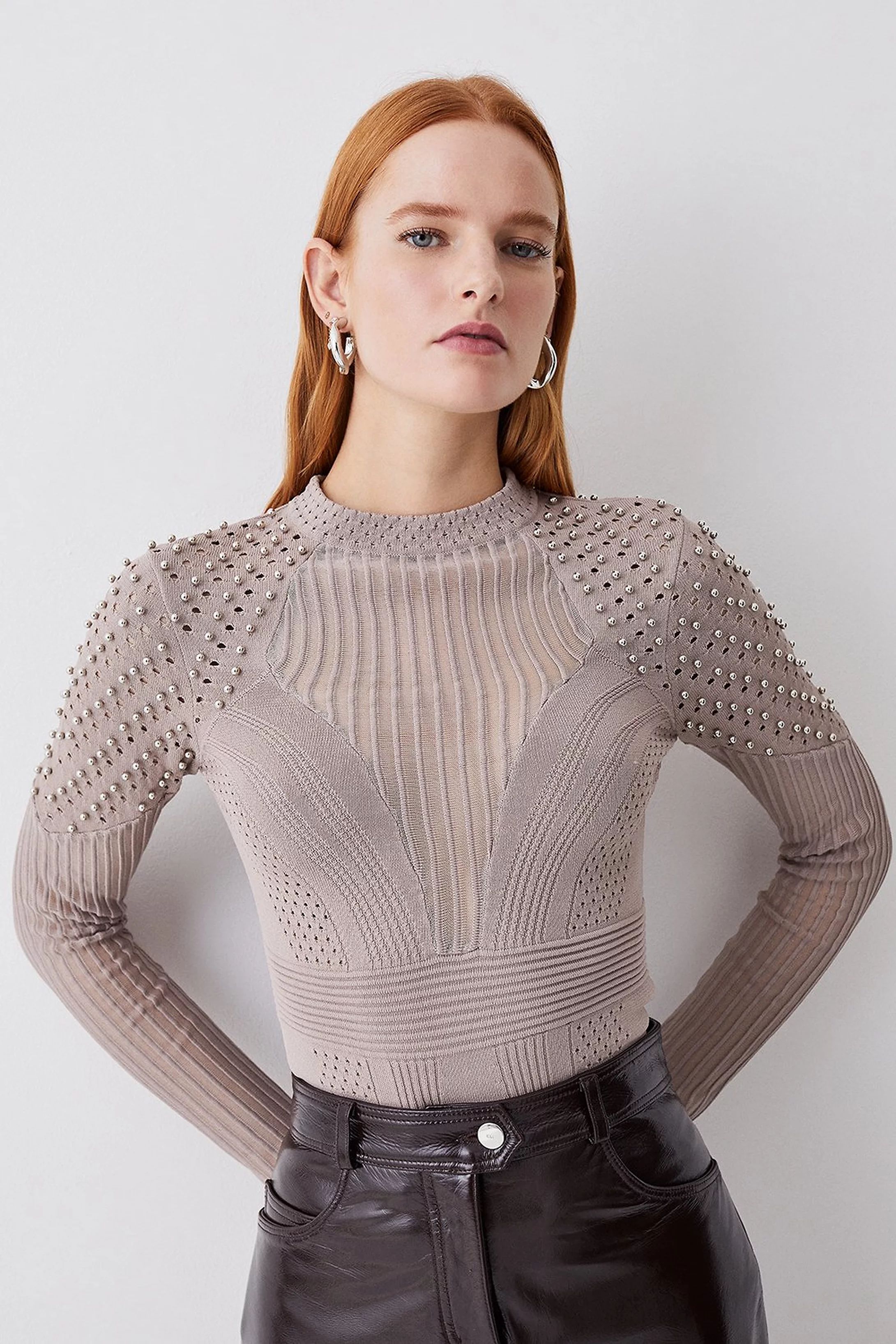 Mesh Knit High Neck Studded Sweater | Karen Millen US