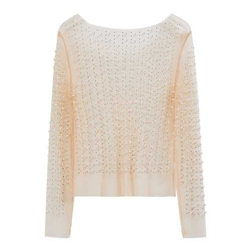 CHICWISH Women Full Pearl Embellished Sheer Mesh Top Sexy See Through Shirt Long Sleeve Scoop Neck Blouses Tops Tan | Amazon (US)
