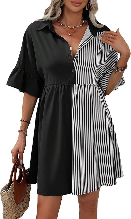 SOLY HUX Women's Striped Shirt Dress Ruffle Half Sleeve Button Front Smock Short Dresses | Amazon (US)