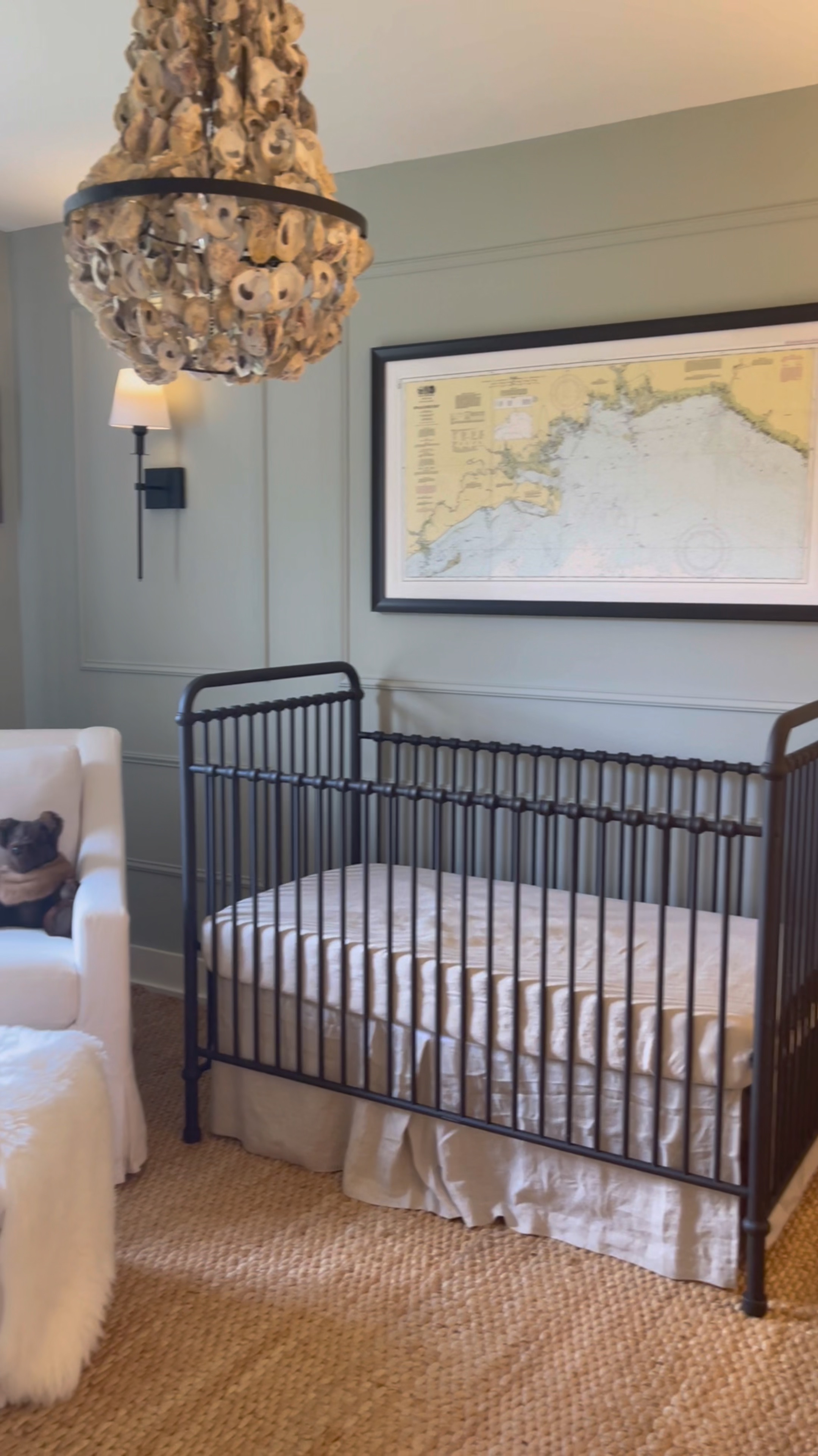 Boy nursery, coastal nursery, neutral nursery, grandmillennial nursery, coastal decor, black metal crib, oyster shell chandelier 

#LTKkids #LTKbaby #LTKhome