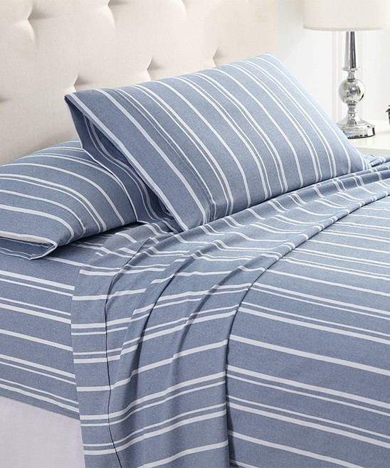 S.L. Home Fashions Sheet Sets Denim - Denim Blue Four-Piece Stripe Sheet Set | Zulily