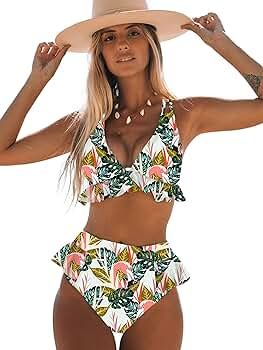 Women High Waisted Swimsuit Ruffle V Neck Bikini Two Pieces Swimwear | Amazon (US)