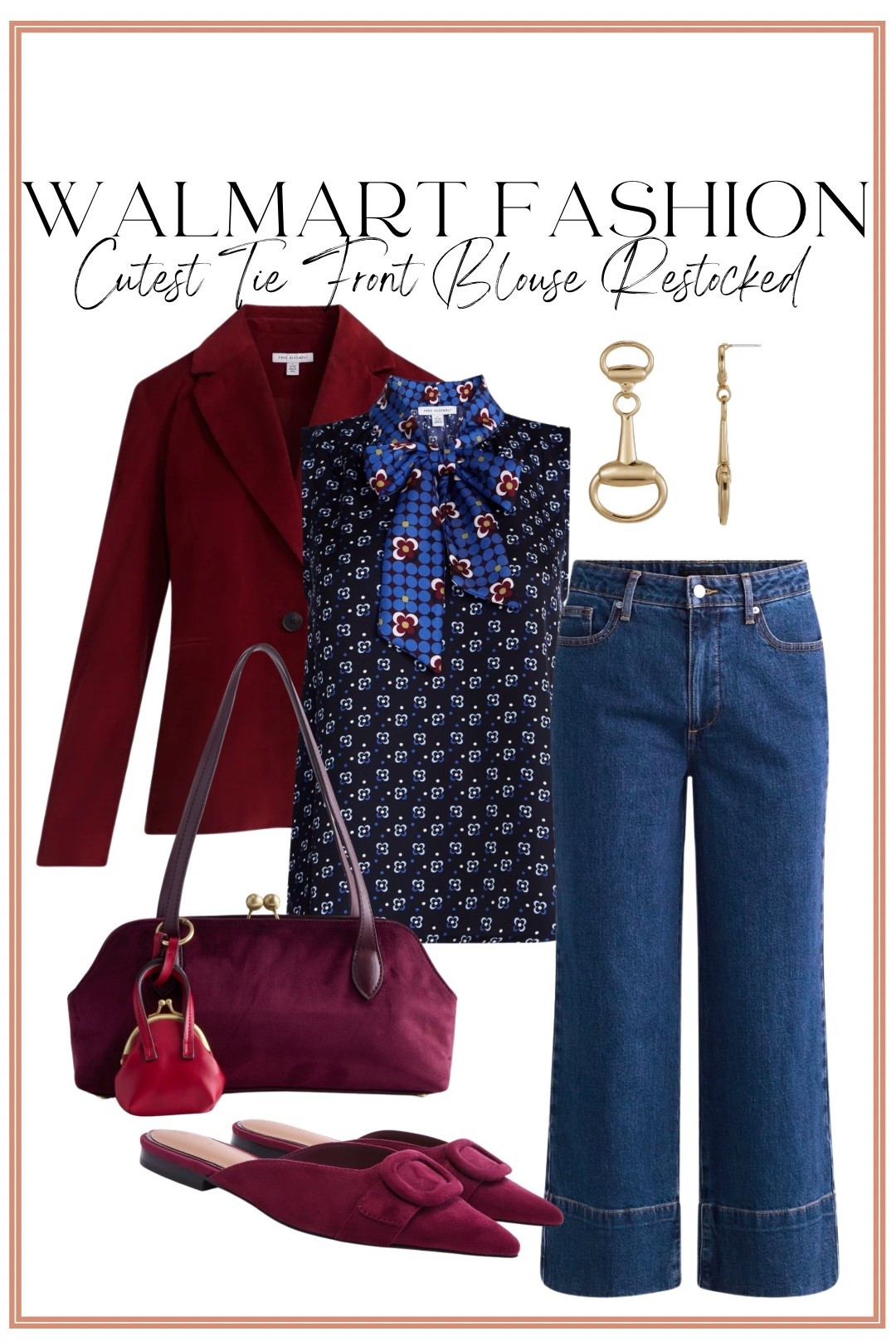 The cutest Walmart fashion find is finally RESTOCKED! 🙌 This tie-front blouse is such a good statement top—the mixed floral print, bold blue tones and feminine bow detail make it look so much more expensive than it is. I love it styled with wide leg jeans, burgundy accessories and a blazer for an easy polished fall outfit. 🍂🤎 Such a cute Walmart outfit idea for work, dinner, date night or anywhere you want to look put together without overthinking it!

#WalmartFashion #WalmartFinds #WalmartStyle #WalmartFashionFinds #WalmartNewArrivals #AffordableFashion #FallFashion #FallOutfitIdeas #WomensFashion #AffordableStyle #WorkwearStyle #CasualChic #WideLegJeans #FallStyle #OutfitInspiration

#LTKootd #LTKxWalmart #LTKPetite